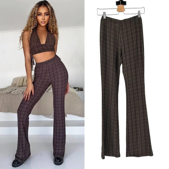 Tiger Mist‎ Brown Plaid Flared Pull-On Bell Bottom Pants Size XS - Picture 1 of 10